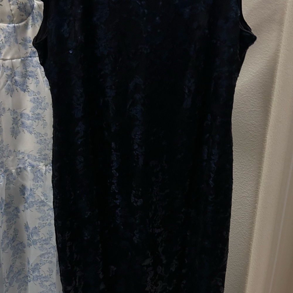 Navy Blue sequined dress, boat neck dropped back